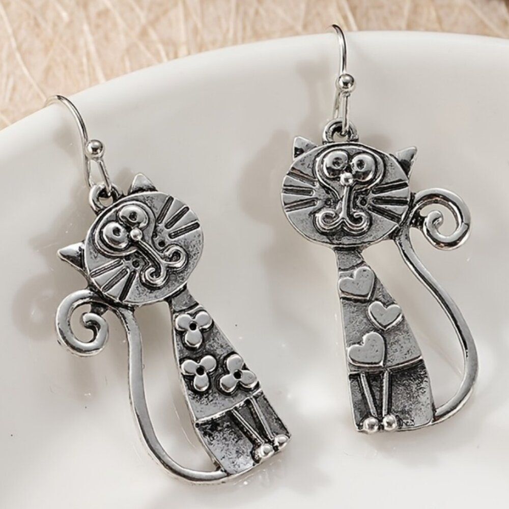 Quirky Kitties Tall Bohemian Cat Earrings  Engraved Hearts & Flowers Long Tails